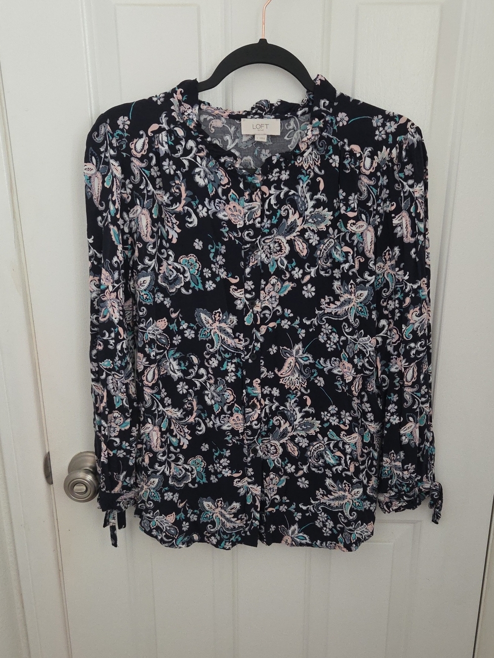 LOFT Floral Paisley Black Button-Front Blouse